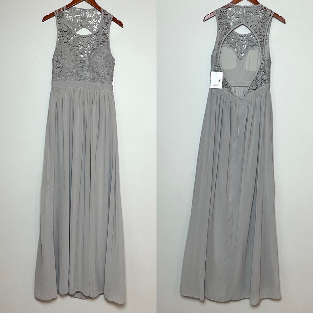 Saved By The Dress NEW Gray Lace Chiffon Formal Maxi Dress Sz L